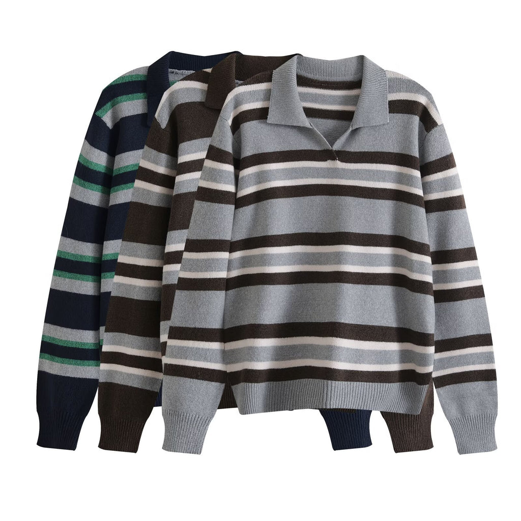 Women's Color-Block Stripe Polo Collar Loose Knit Sweater