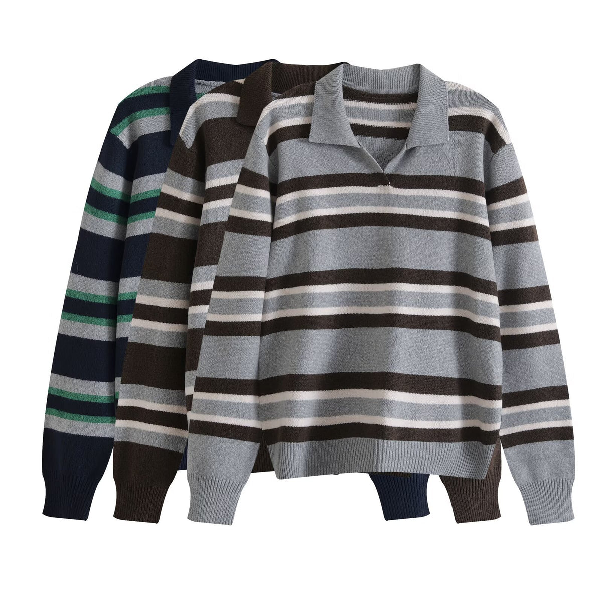 Women's Color-Block Stripe Polo Collar Loose Knit Sweater