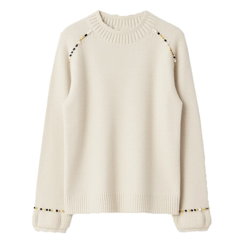Women's Style Beaded Lurex Knit Crew Neck Pullover Sweater