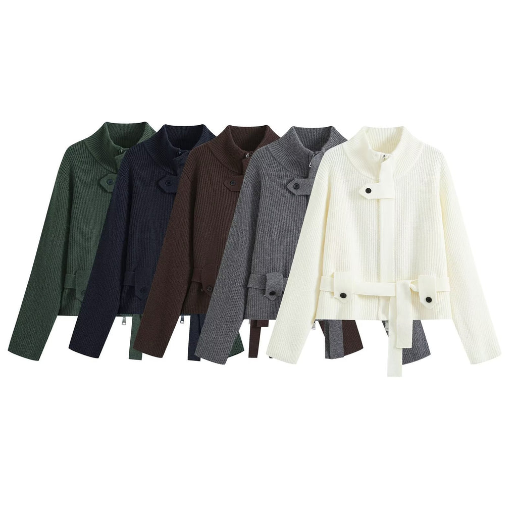 Half high collar zipper cardigan sweater