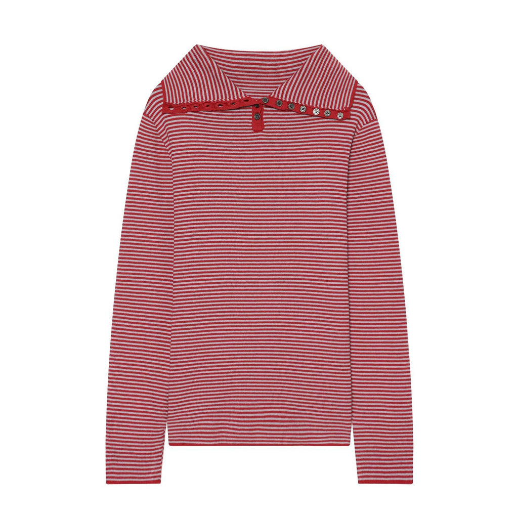 Color blocking trimmed lapel striped knit sweater for women