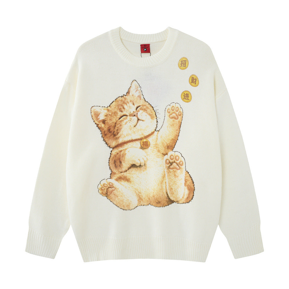 Cartoon cat printed round neck sweater