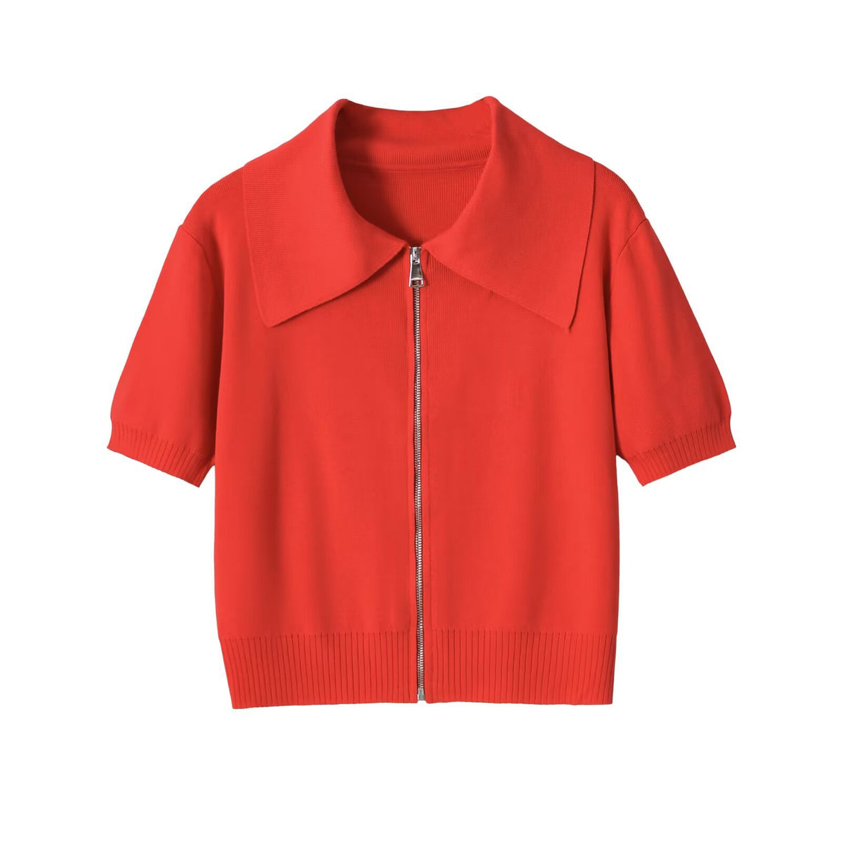 Short sleeved collar with threaded zipper knit sweater