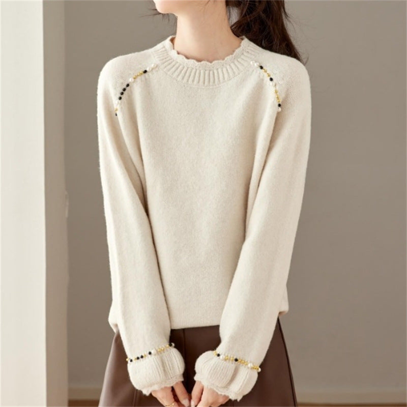 Women's Style Beaded Lurex Knit Crew Neck Pullover Sweater