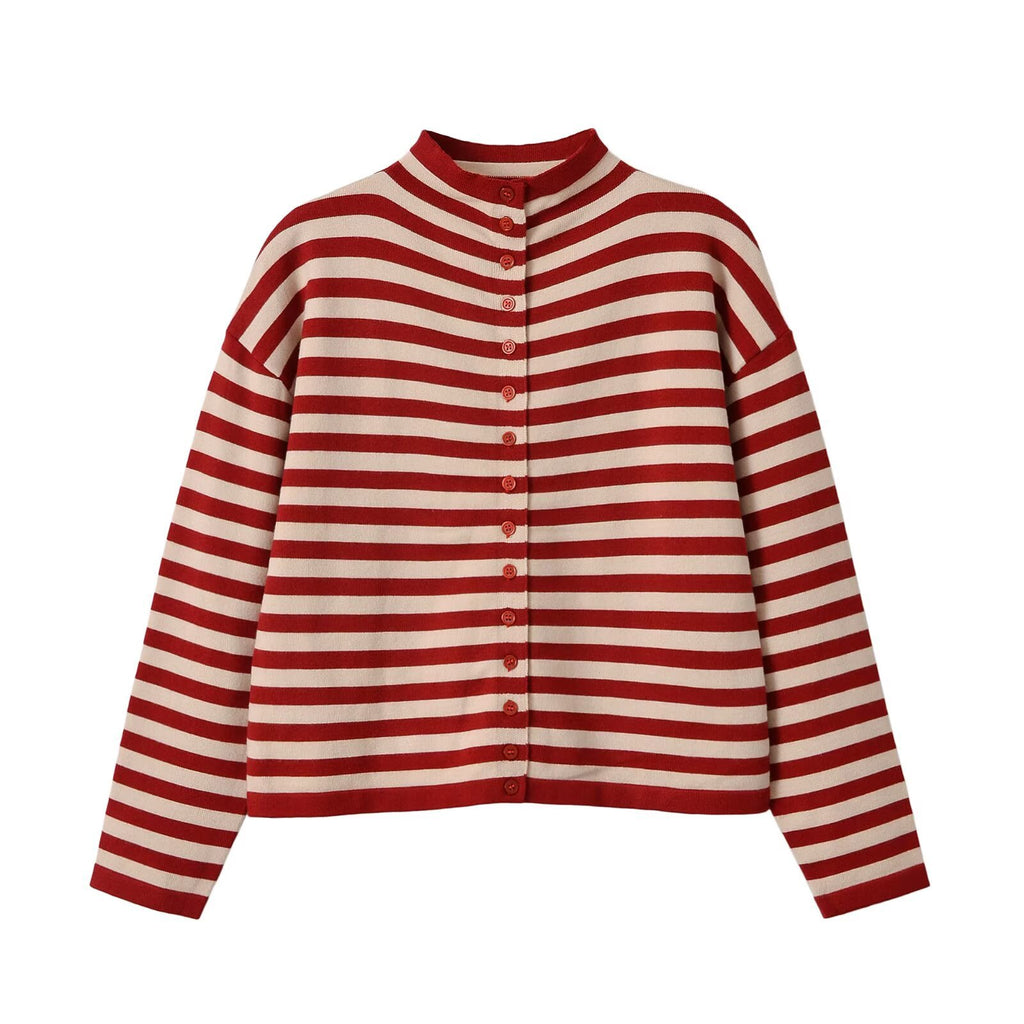 Button up stand up collar long sleeved striped knitted sweater for women