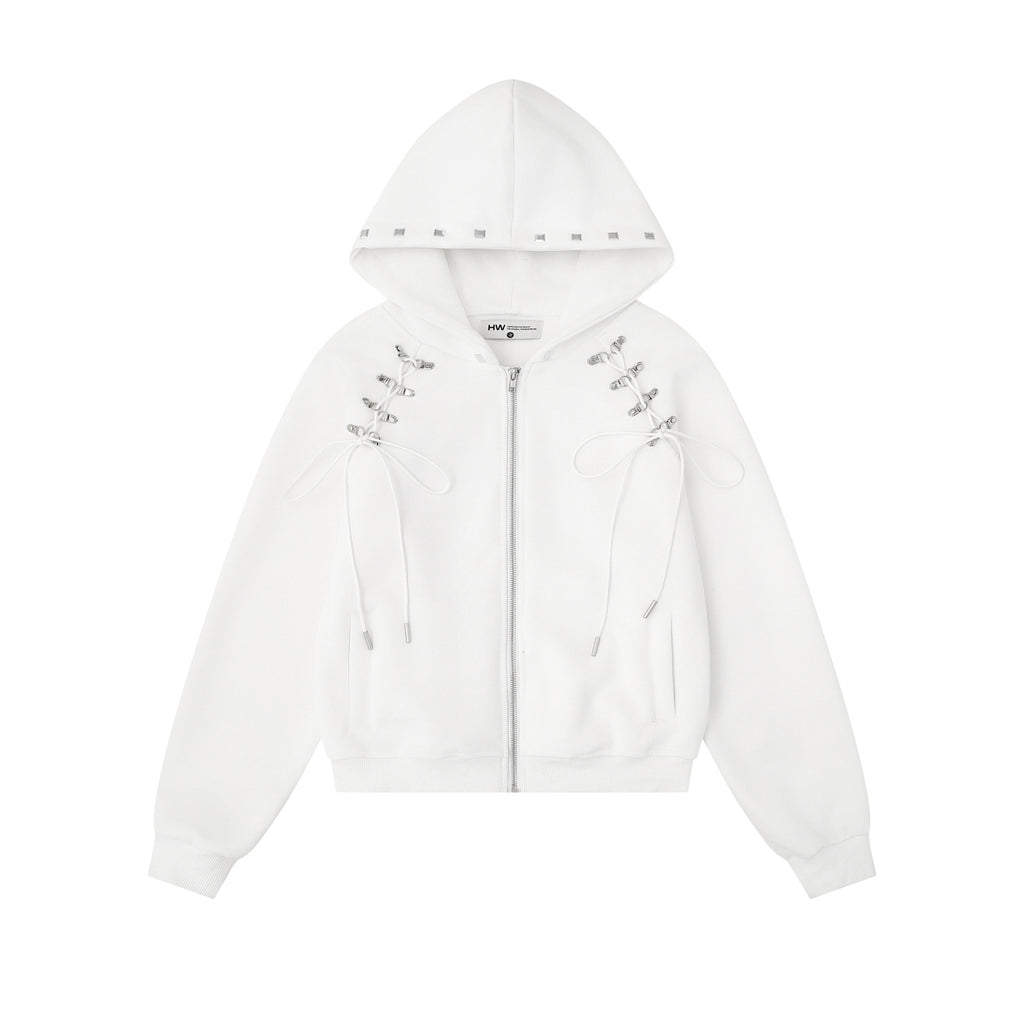 Sweet Cool Rivet Zipper Hooded Cropped Loose Cardigan Sweatshirt