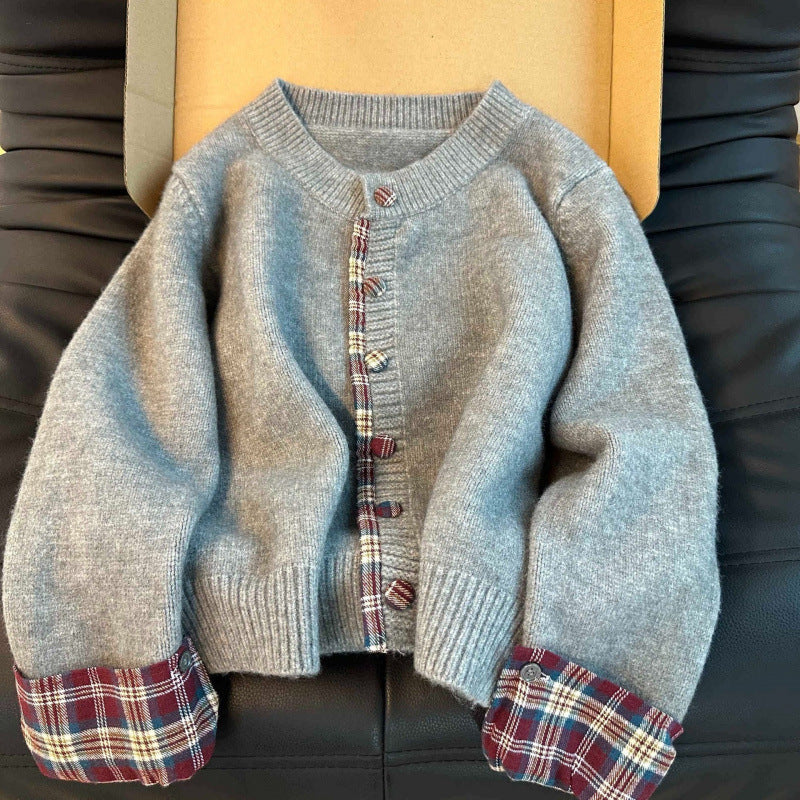 Faux Two-Piece Korean-Style Round Neck Patchwork Checkered Knit Sweater Long Sleeve