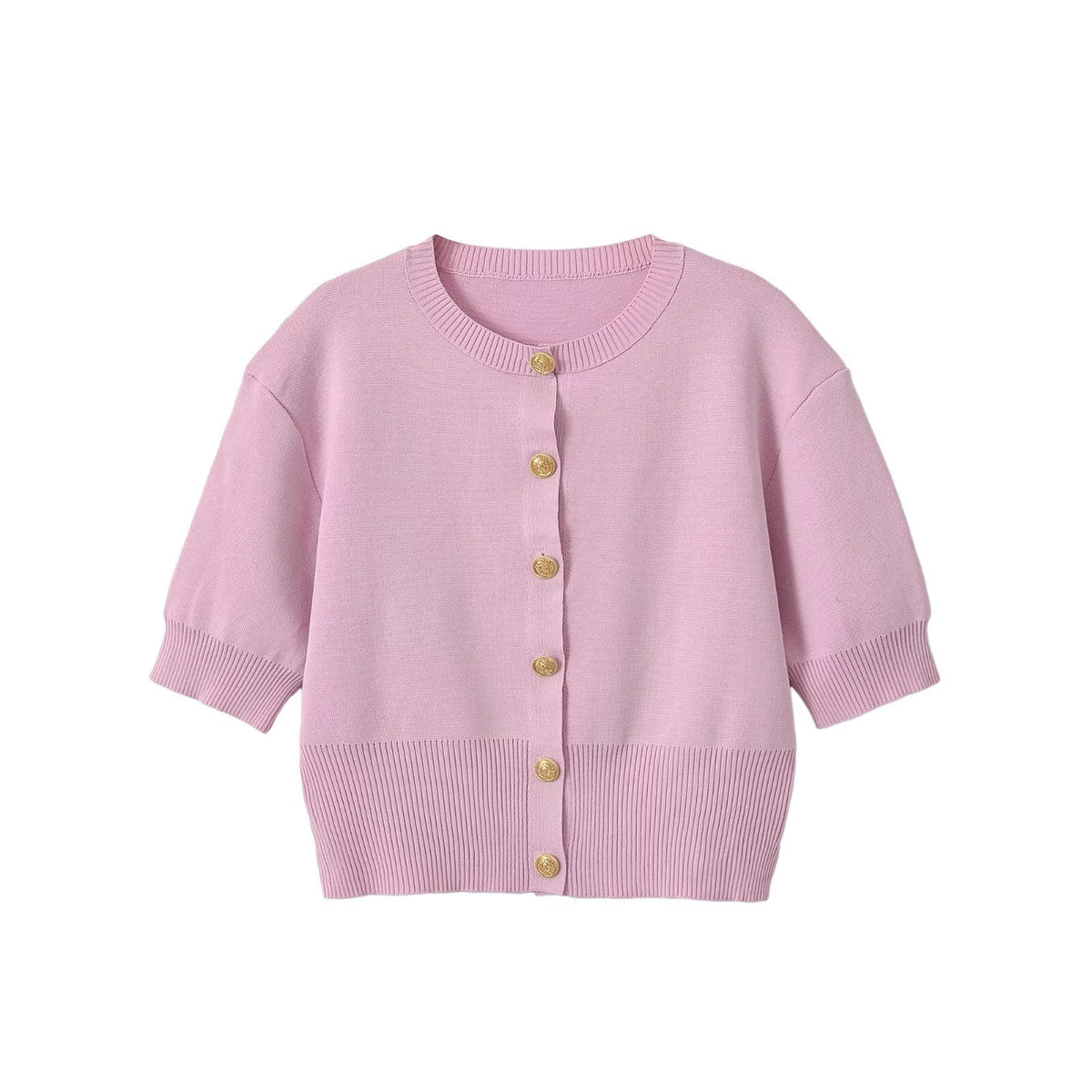 Short sleeved round neck knitted sweater with shoulder pads for women