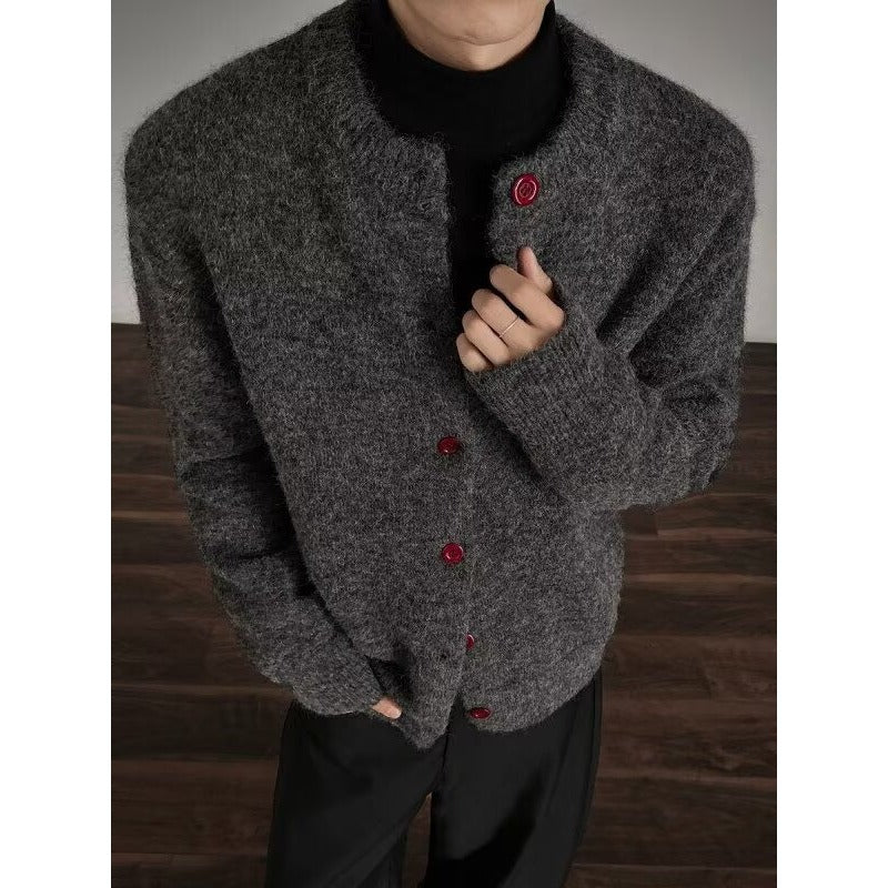 Men's Clean Fit Dark Gray Chanel-Style Short Open Front Knit Cardigan