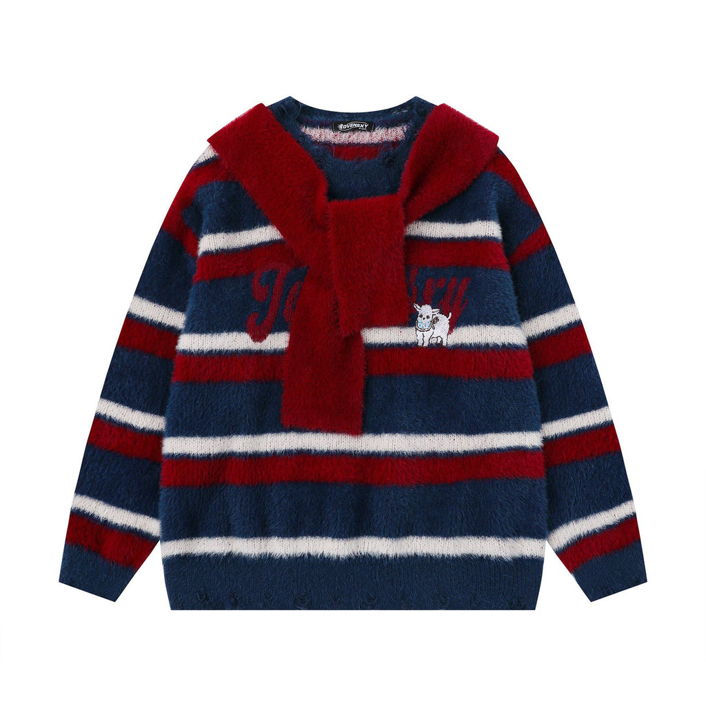 Striped contrasting shawl design sweater