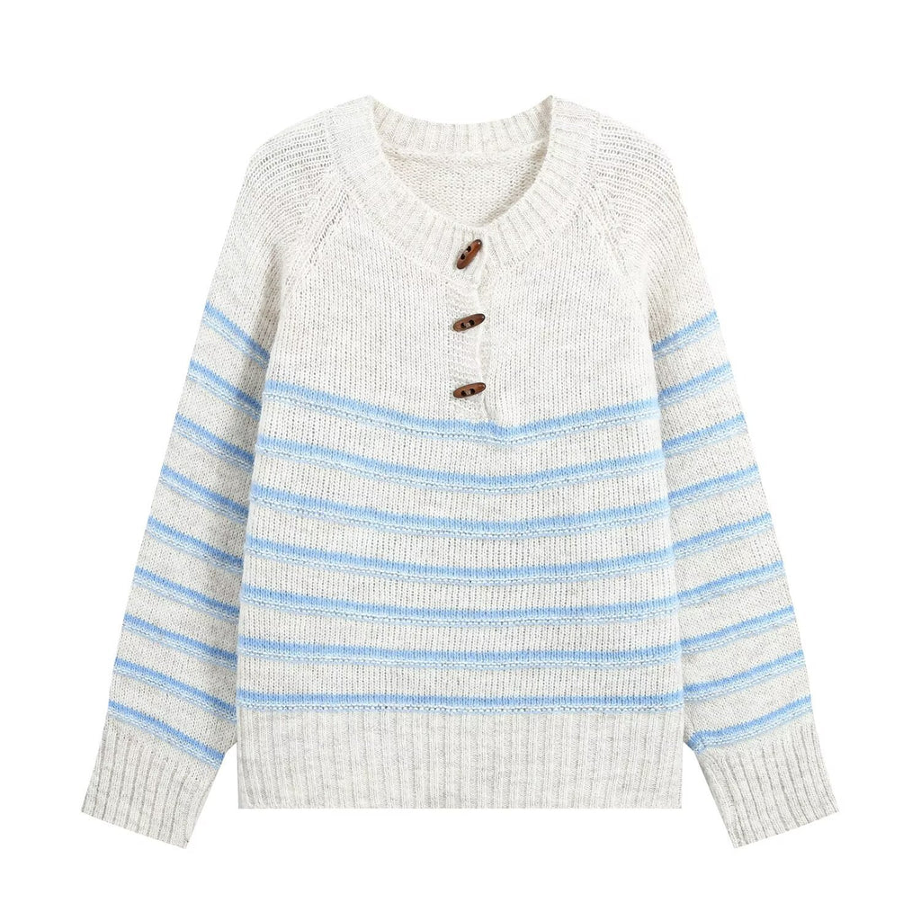 Half open round neck long sleeved striped knitted sweater for women