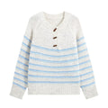 Half open round neck long sleeved striped knitted sweater for women