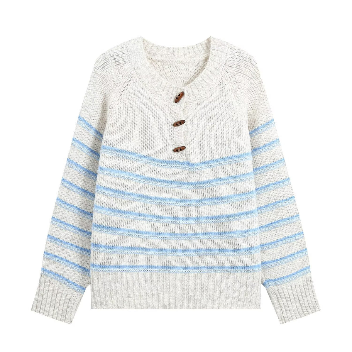 Half open round neck long sleeved striped knitted sweater for women
