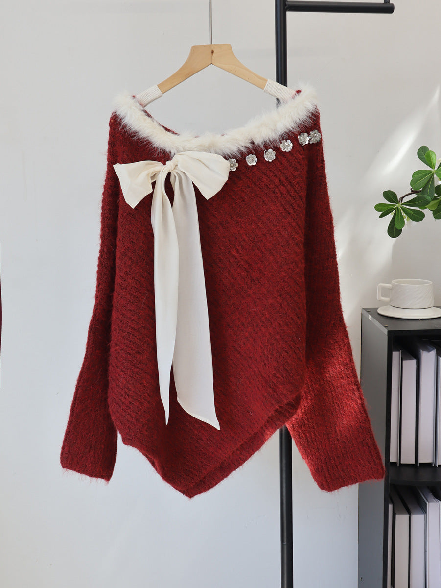 Wind spliced fur collar sequin bow sweater pullover for women