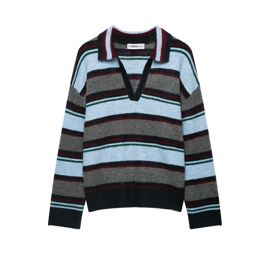 POLO collar long sleeved striped knitted sweater for women