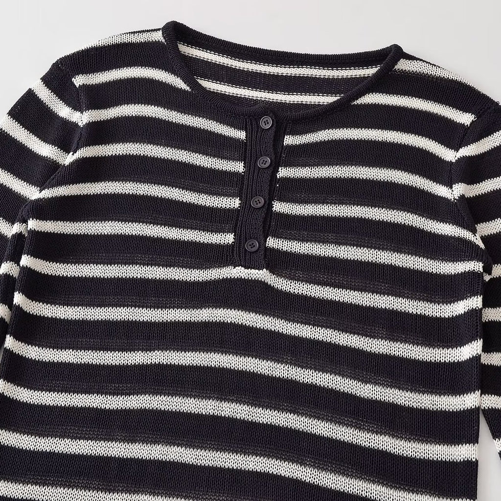 Casual and minimalist long sleeved round neck striped knitted sweater for women