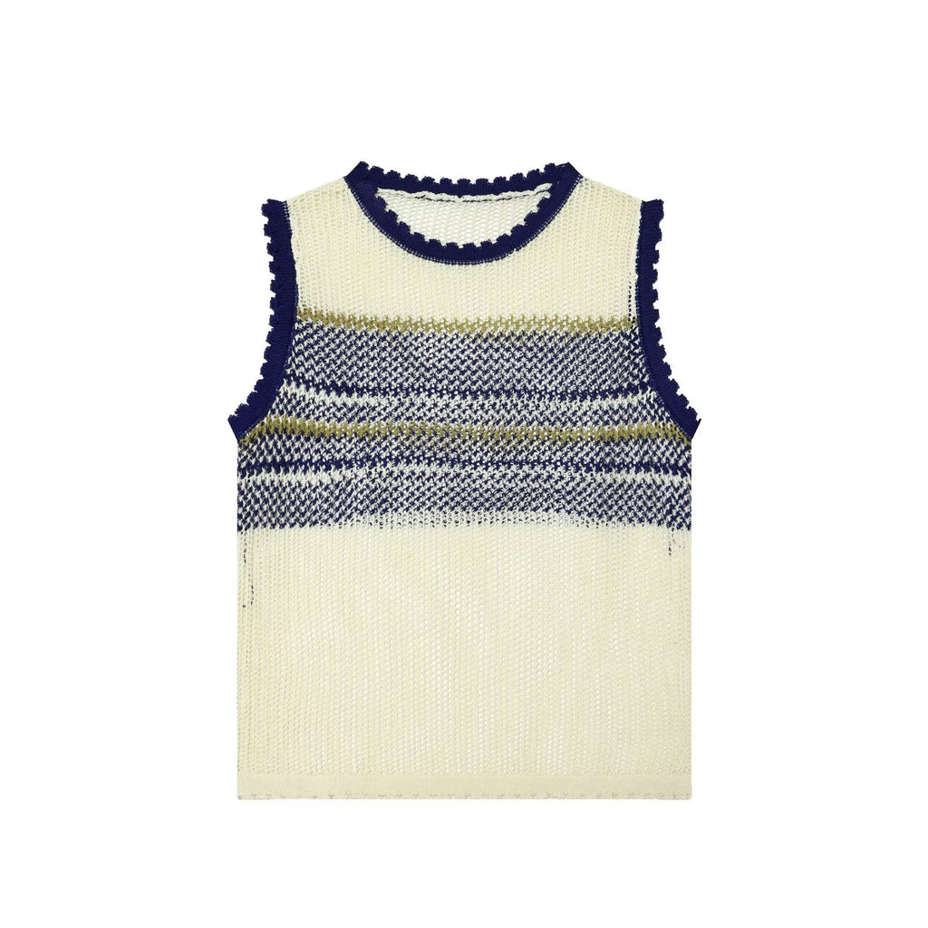 Hollow out contrasting color sleeveless round neck knitted sweater vest for women