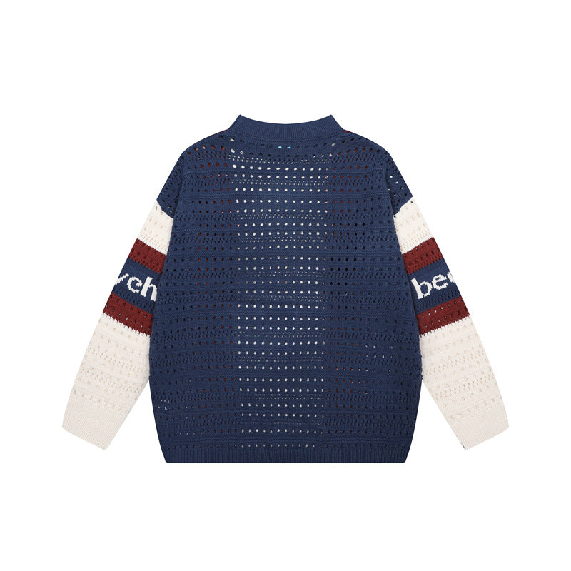 Color blocking vertical stripe hollow sweater