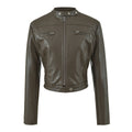 Vintage Brown PU Leather Zip-Up Stand Collar Cropped Jacket