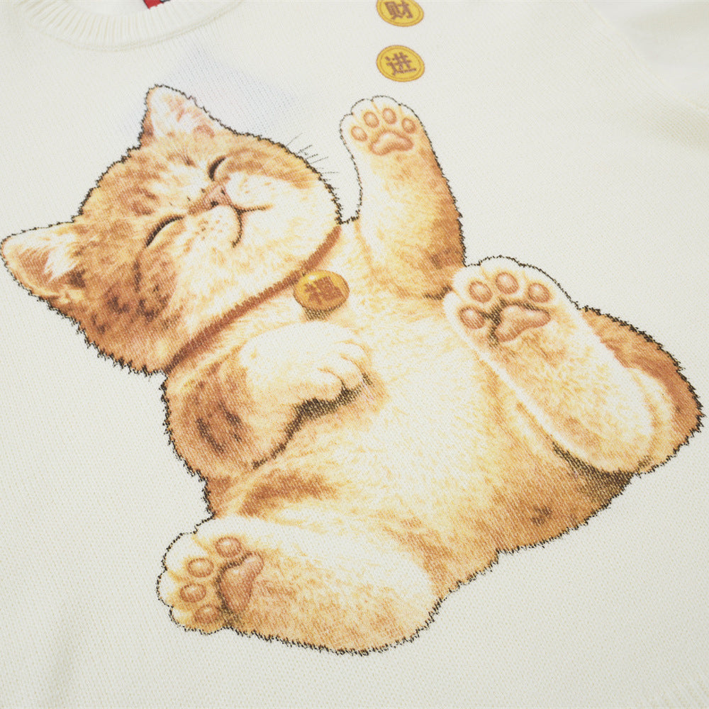 Cartoon cat printed round neck sweater