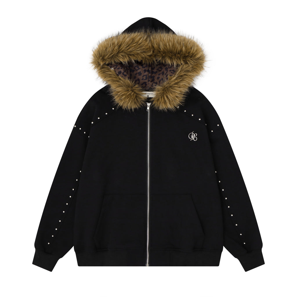 Oversized Hooded Zipper Sweatshirt with Faux Fur Trim, Leopard Print Lining