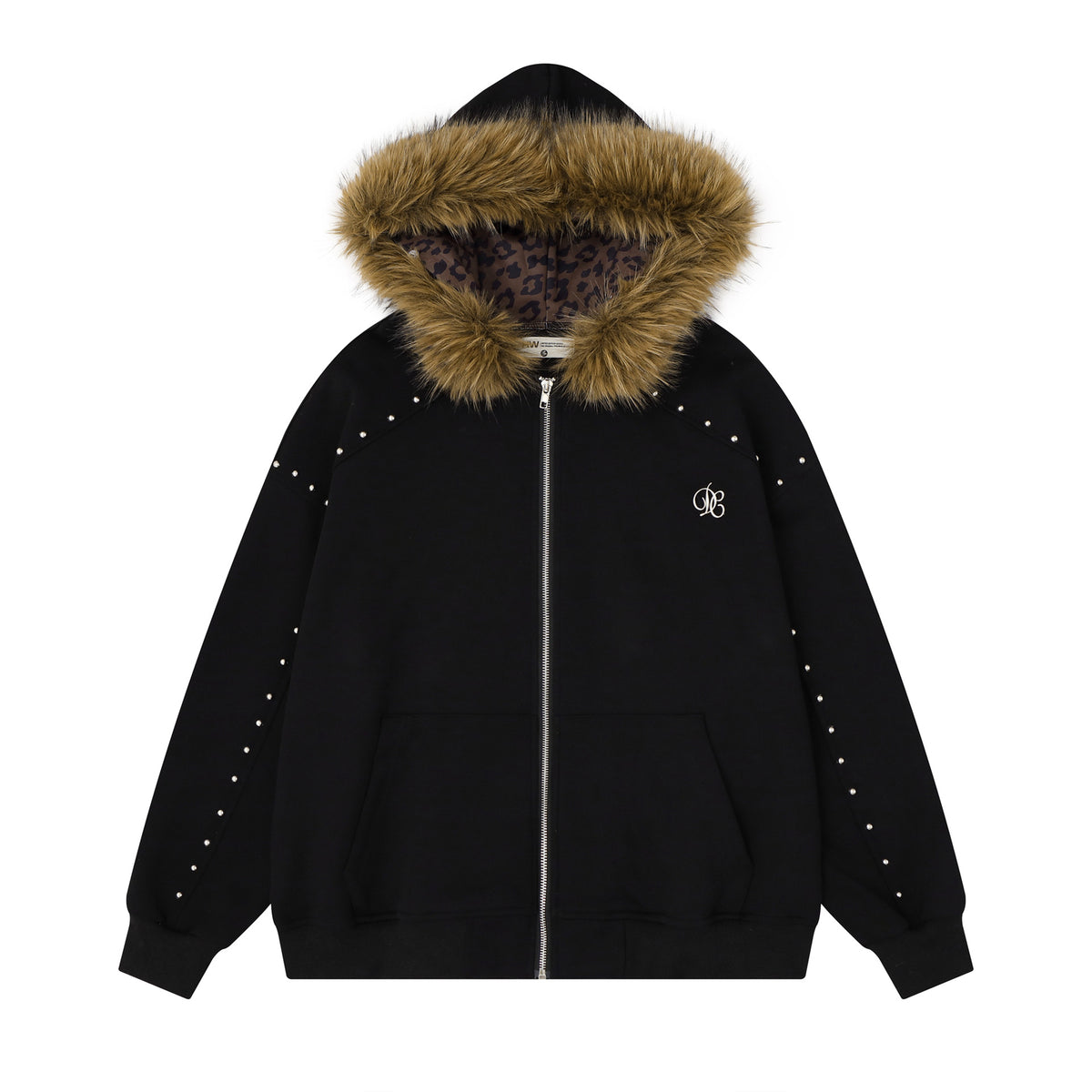 Oversized Hooded Zipper Sweatshirt with Faux Fur Trim, Leopard Print Lining
