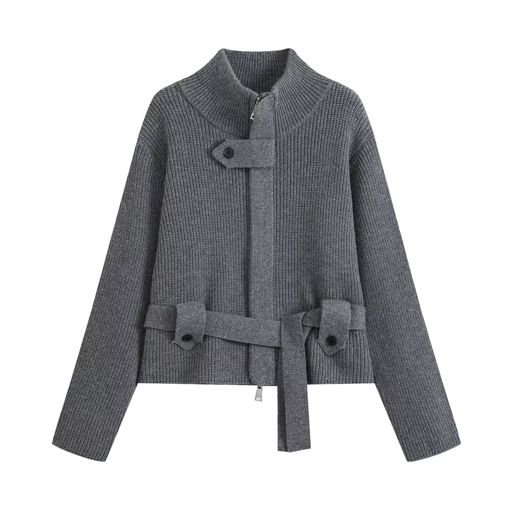 Half high collar zipper cardigan sweater