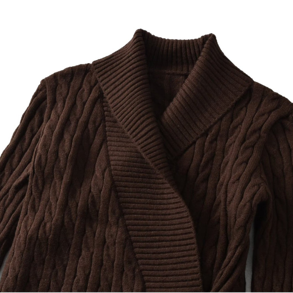Cable Knit Women's Coat with Shawl Collar and Diagonal Leather Strap Closure
