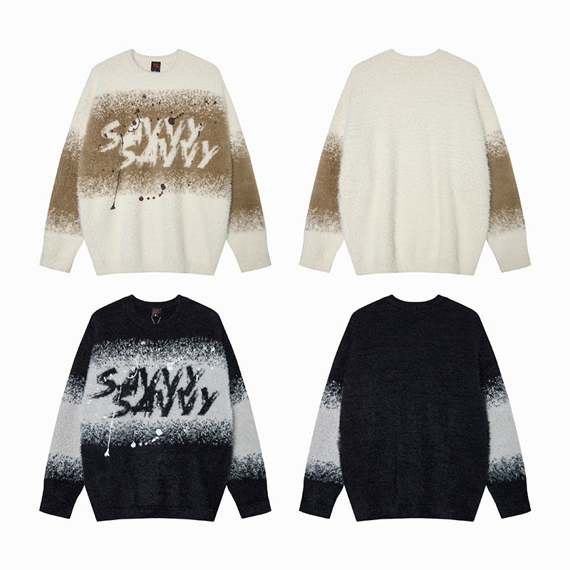 Waste soil color blocked embroidered sweater