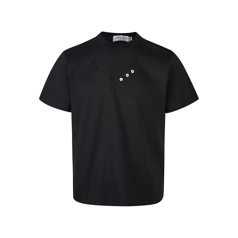 Splicing Designer Unique Button Round Neck Casual Short Sleeve Top