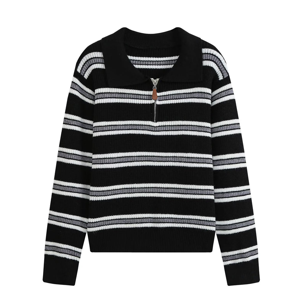 Slim zipper decoration POLO collar striped knit sweater for women