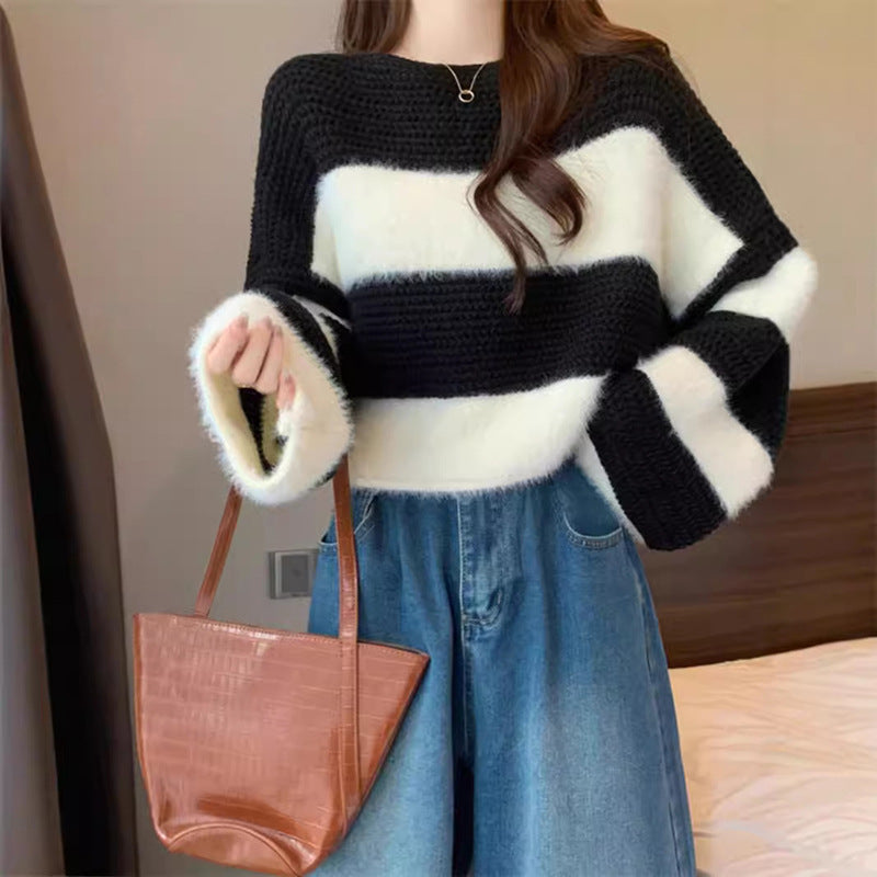 Color Block Striped Knit Pullover Sweater for Women, Loose Fit Top
