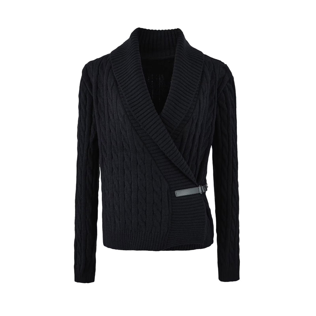 Cable Knit Women's Coat with Shawl Collar and Diagonal Leather Strap Closure