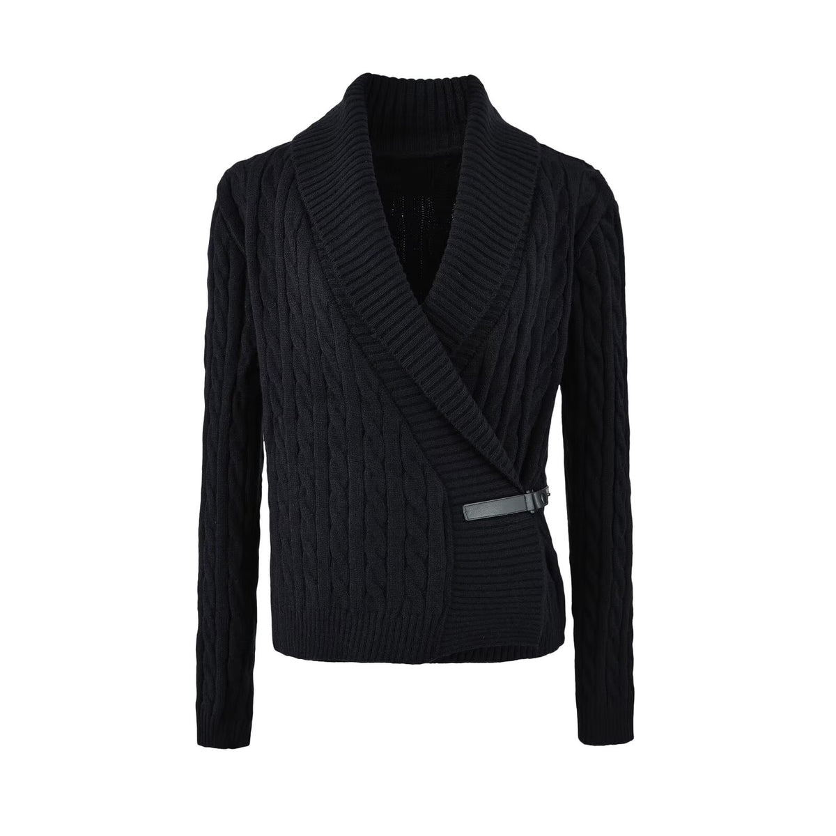 Cable Knit Women's Coat with Shawl Collar and Diagonal Leather Strap Closure