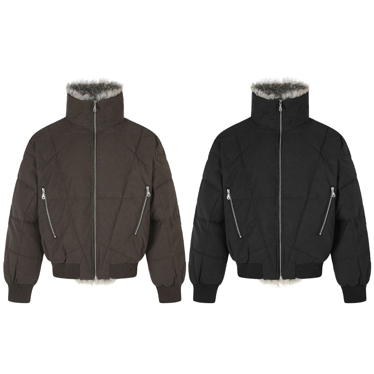 Diamond Quilted PU Leather Stand Collar Cropped Unisex Winter Jacket