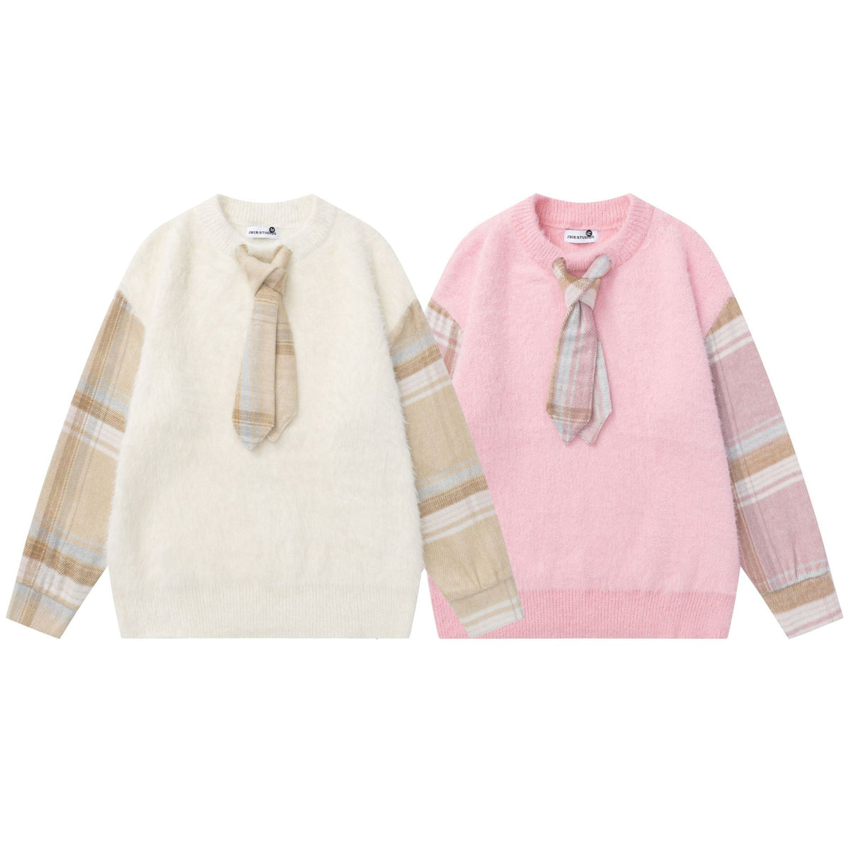 Splicing plaid tie sweater