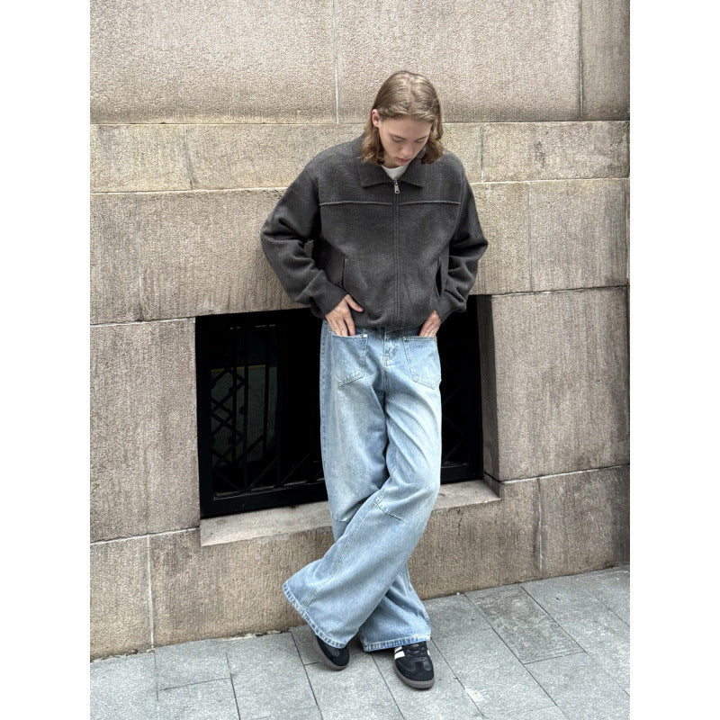 Light Blue Patchwork Knife-Edge Jeans for Men