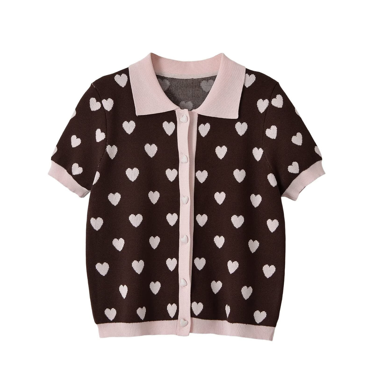 Breasted contrasting heart-shaped jacquard knitted sweater for women