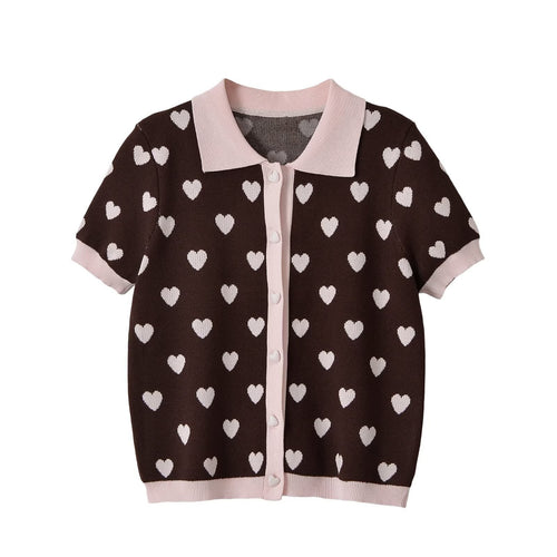 Breasted contrasting heart-shaped jacquard knitted sweater for women