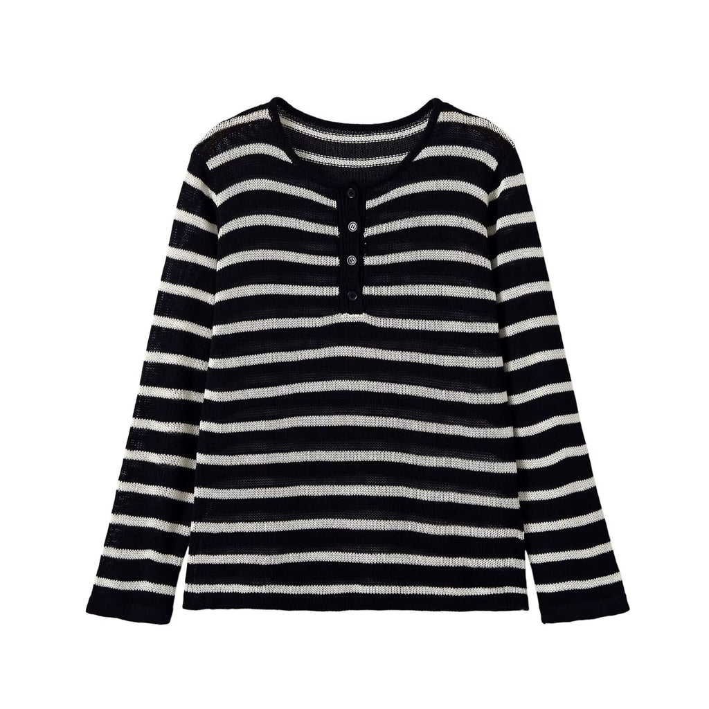 Casual and minimalist long sleeved round neck striped knitted sweater for women