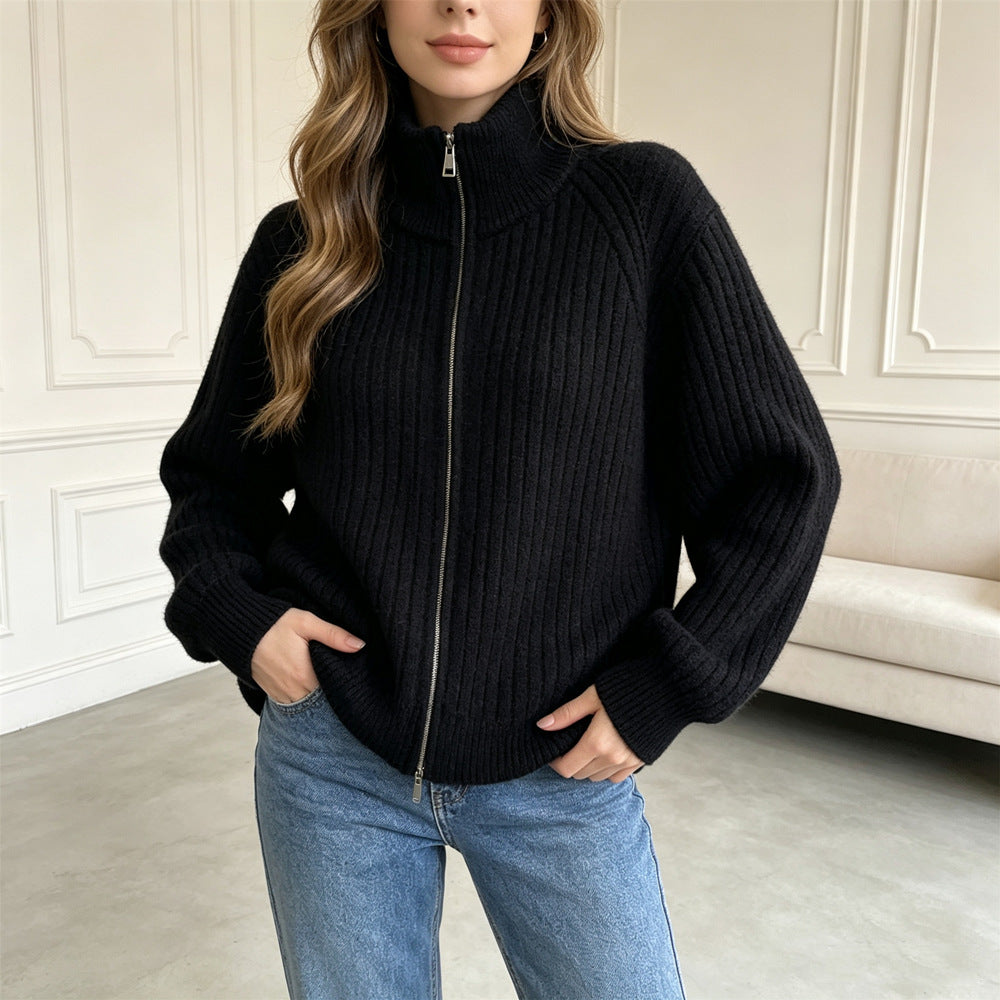 Stand up collar double zipper sweater for women