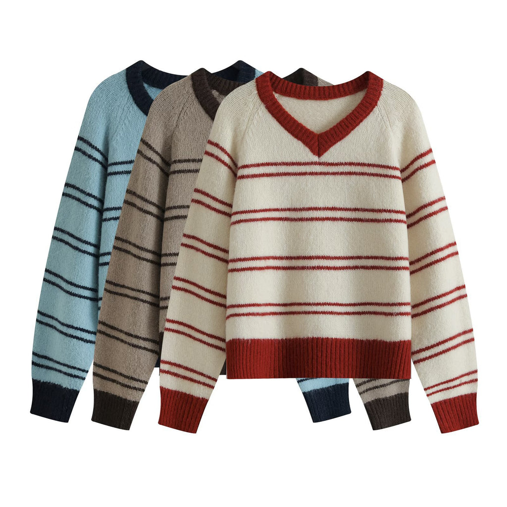 Relaxed Fit Drop Shoulder Color Block Stripe Long Sleeve V-Neck Pullover Sweater