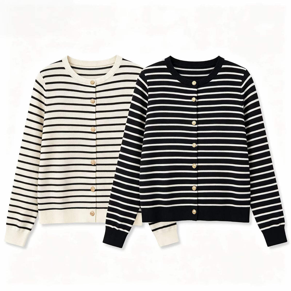 Casual and minimalist striped breasted round neck knitted sweater for women
