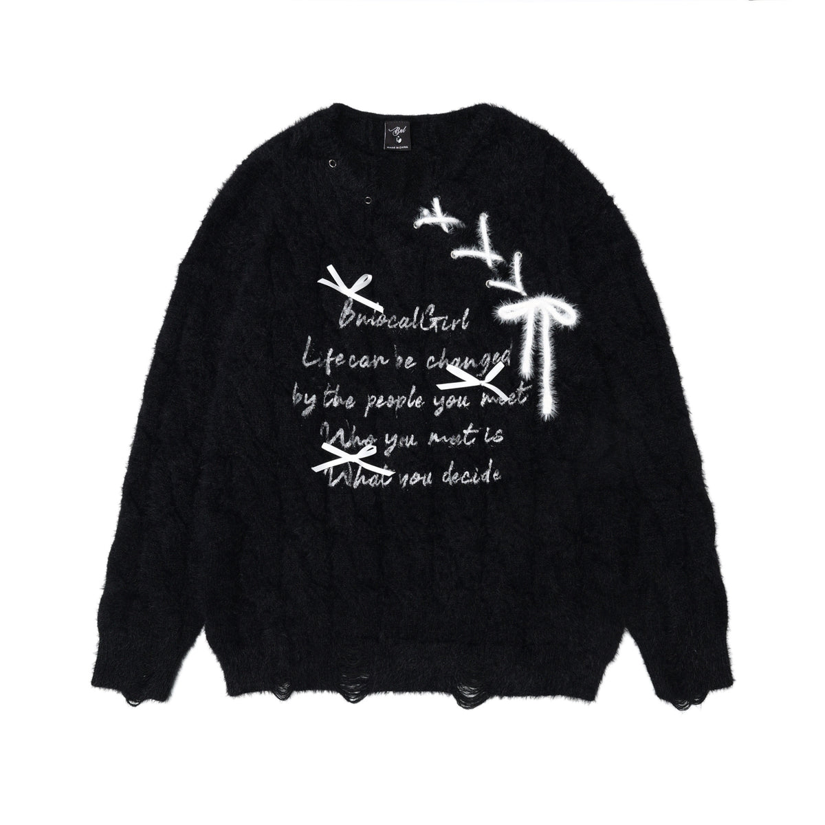 Bow tie tied letter printed sweater
