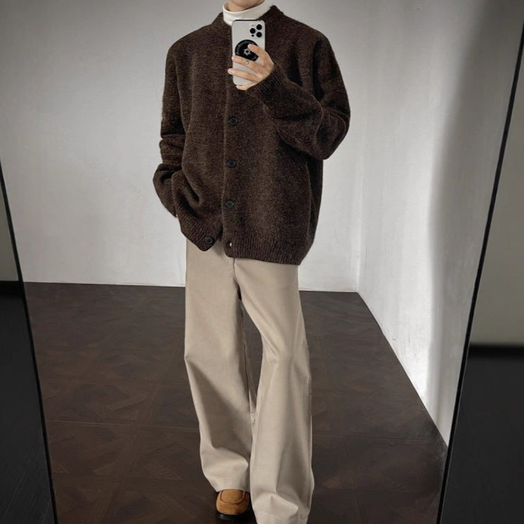 Men's Clean Fit Dark Gray Chanel-Style Short Open Front Knit Cardigan
