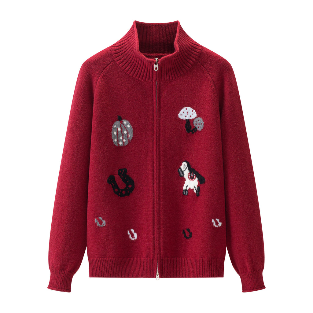 Jacquard Mock Neck Knit Zipper Cardigan
