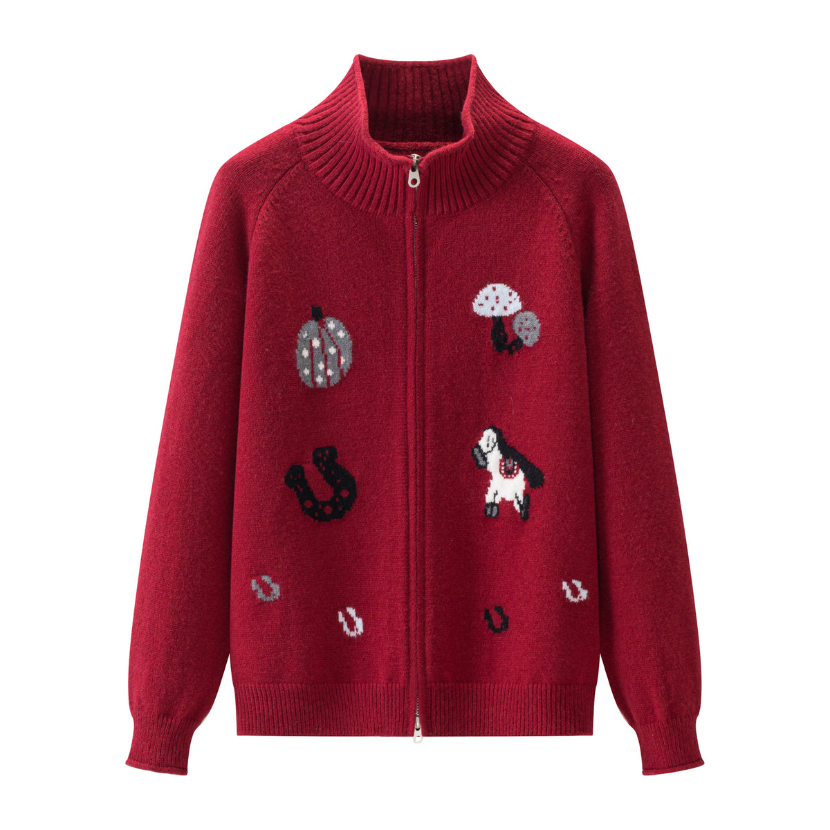 Jacquard Mock Neck Knit Zipper Cardigan