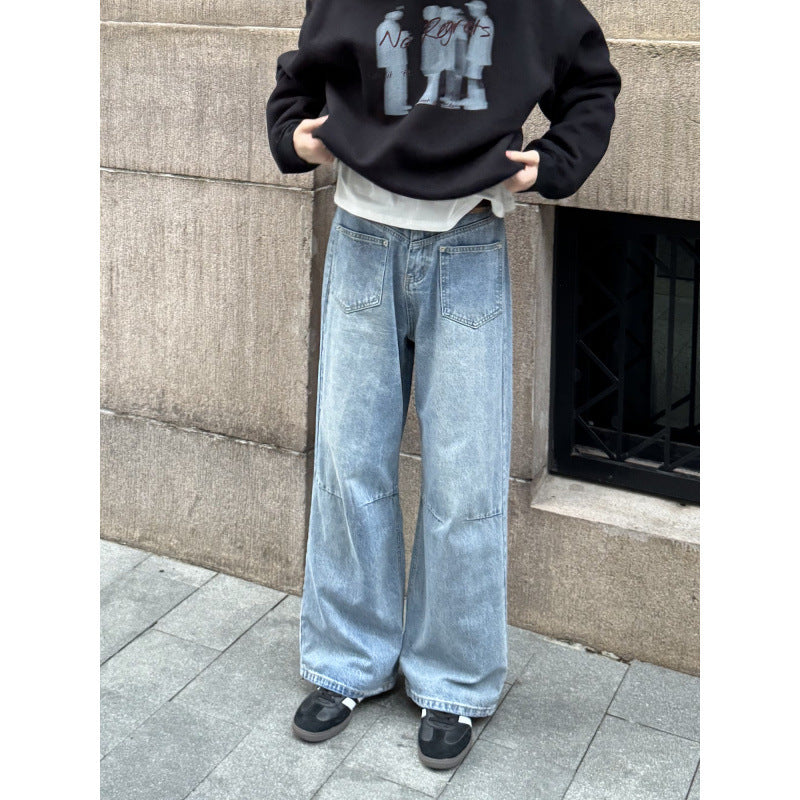 Light Blue Patchwork Knife-Edge Jeans for Men