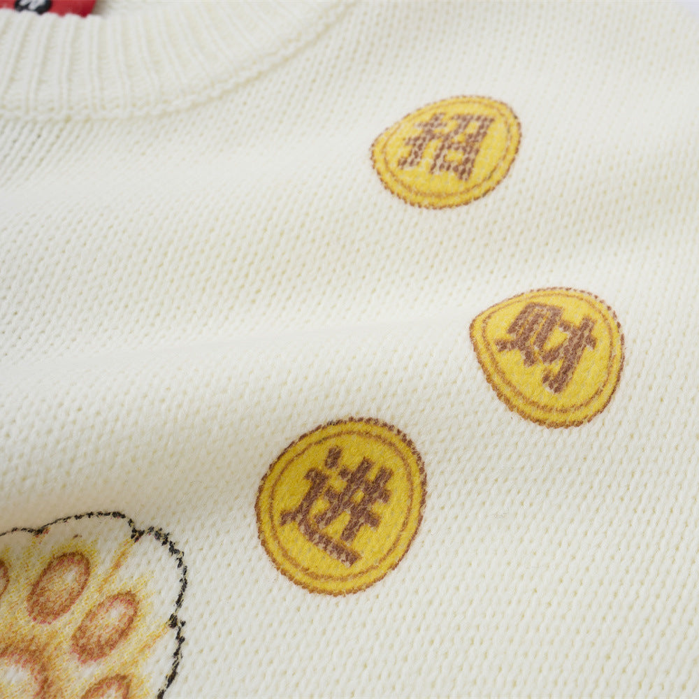 Cartoon cat printed round neck sweater