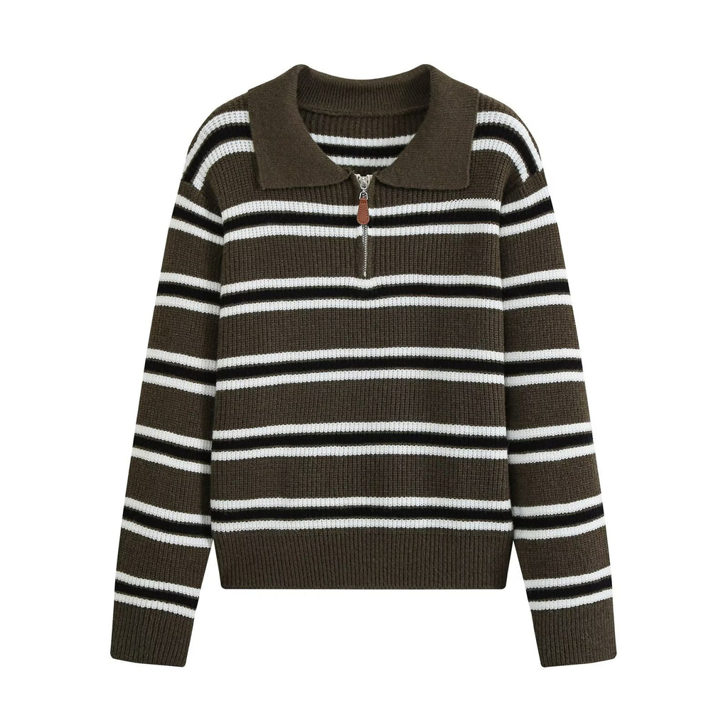 Slim zipper decoration POLO collar striped knit sweater for women